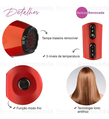 Secador de Cabelo Taiff Style Profissional 2000W Iônico Vermelho 4