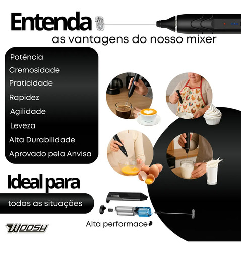 Mixer Elétrico Portátil 2 em 1 Recarregável Potente Misturador de Bebidas e Ovos 3 Velocidades Usb Batedor e Fue Fouet Marca Woosh 3