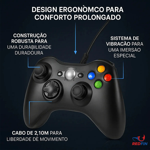 Controle Para Xbox 360 Com Fio USB e PC Preto Vibração Console Joystick Manete Gamepass Steam Tv Pc Android Pc Controle Pc Gamer - - Redfin 2