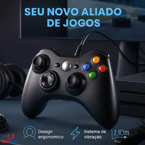 Controle Para Xbox 360 Com Fio USB e PC Preto Vibração Console Joystick Manete Gamepass Steam Tv Pc Android Pc Controle Pc Gamer - - Redfin 4