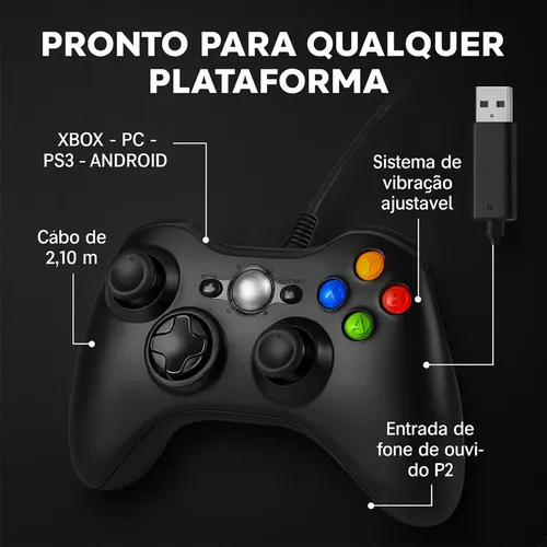 Controle Para Xbox 360 Com Fio USB e PC Preto Vibração Console Joystick Manete Gamepass Steam Tv Pc Android Pc Controle Pc Gamer - - Redfin 5