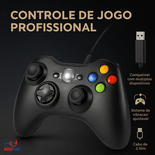 Controle Para Xbox 360 Com Fio USB e PC Preto Vibração Console Joystick Manete Gamepass Steam Tv Pc Android Pc Controle Pc Gamer - - Redfin 6