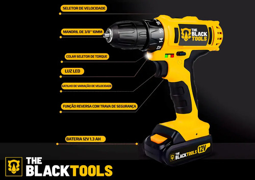 Furadeira Parafusadeira Sem Fio A Bateria Tb-12e 12v 3/8 10mm Com Maleta E Acessórios The Black Tools 7