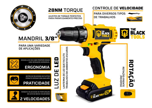 Furadeira Parafusadeira Sem Fio A Bateria Tb-12e 12v 3/8 10mm Com Maleta E Acessórios The Black Tools 8