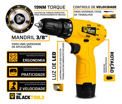 Parafusadeira Furadeira The Black Tools TB12A 3/8 a Bateria Cor Amarelo Frequência 60Hz 2