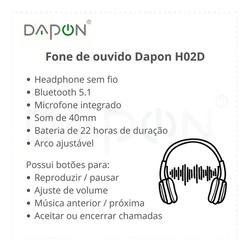 Fone De Ouvido Headphone Dapon H02D Bluetooth 5.1 Over-ear 22h Preto 10