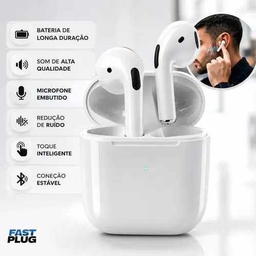 Fone De Ouvido Bluetooth Sem Fio Bateria de Longa Duração Pro 4 Branco Conecta Rápido Fast Plug Com Case Carregador E Microfone