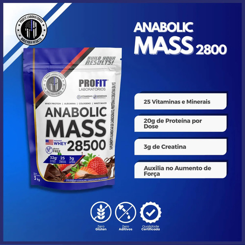 Hipercalórico Anabolic Mass 28500 3kg Profit Labs Sabor Chocolate com Morango 3