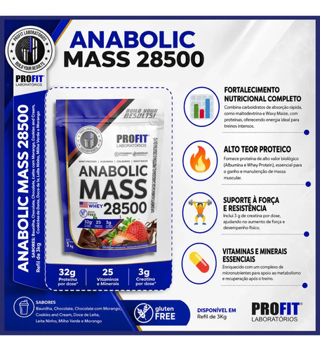 Hipercalórico Anabolic Mass 28500 3kg Profit Labs Sabor Chocolate com Morango 7