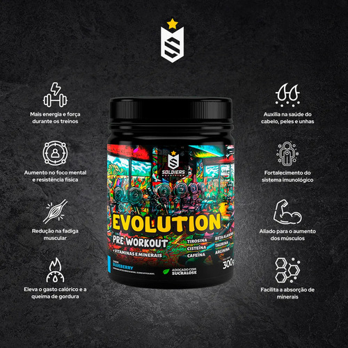 Pré-Treino Evolution Workout 300g Termogênico Sabor Blueberry Soldiers Nutrition Energia Foco Treino 4