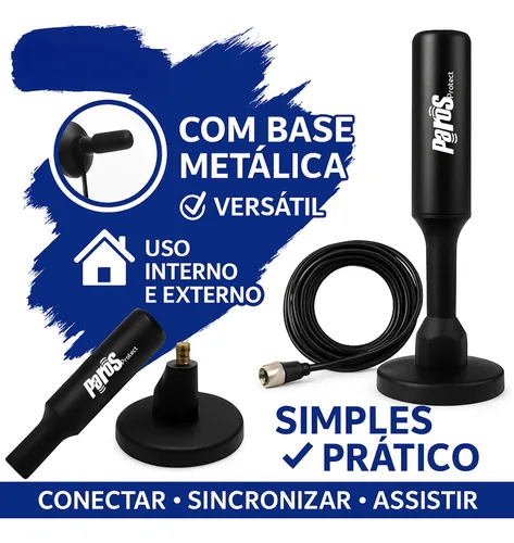 Antena Digital Interna Externa HDTV UHF Cabo Com Cabo Longo De 4 Metros Com Base Magnética Parosprotect 3