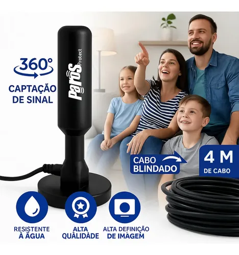 Antena Digital Interna Externa HDTV UHF Cabo Com Cabo Longo De 4 Metros Com Base Magnética Parosprotect 4