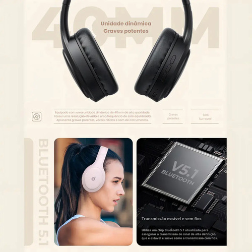 Fone De Ouvido Headphone Dapon H02d Bluetooth 5.1 Over-ear 22 Horas De Bateria Rosa 8