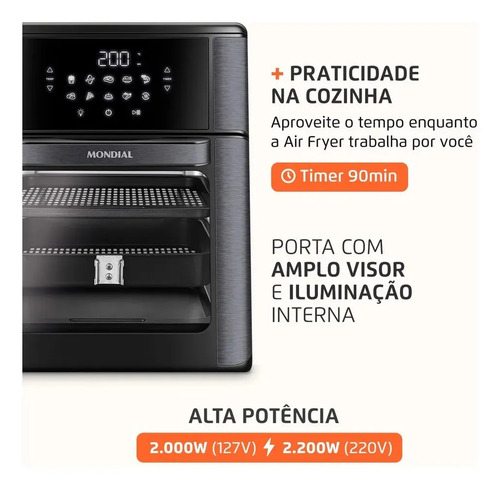 Fritadeira Elétrica AFON-12L-BG Forno Oven 12 Litros Preto Mondial 8