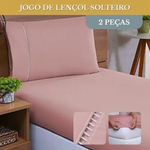 Jogo De Lençol Solteiro Micropercal 400 Fios C/ Fronha Ponto Palito 2 Peças Toque Aveludado Hotel Luxo Cor Rose