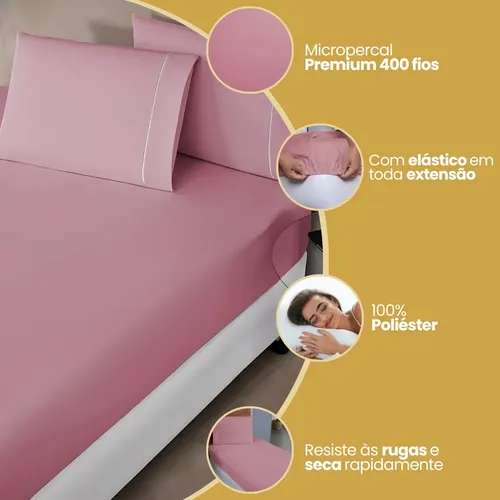 Jogo De Lençol Solteiro Micropercal 400 Fios C/ Fronha Ponto Palito 2 Peças Toque Aveludado Hotel Luxo Cor Rose 5