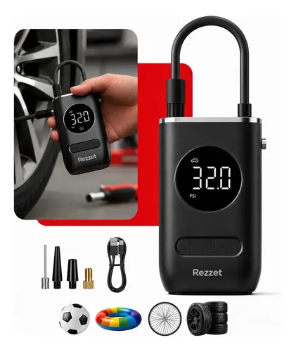 Mini Compressor Digital Portátil Rezzet para Carro Moto e Bicicleta com Calibrador Digital Inflador Elétrico de Pneus 12V Display LCD Lanterna LED Compacto e Recarregável Preto — foto 1