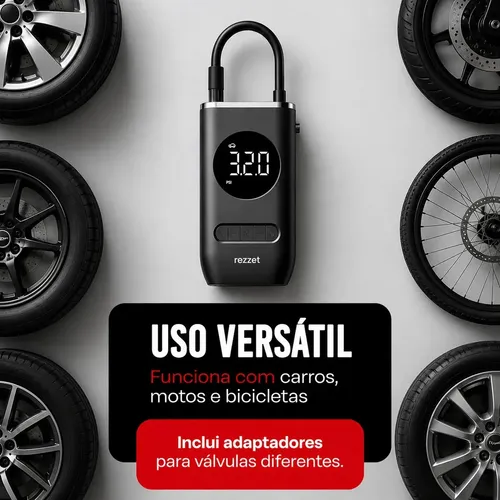 Mini Compressor Digital Portátil Rezzet para Carro Moto e Bicicleta com Calibrador Digital Inflador Elétrico de Pneus 12V Display LCD Lanterna LED Compacto e Recarregável Preto — foto 2