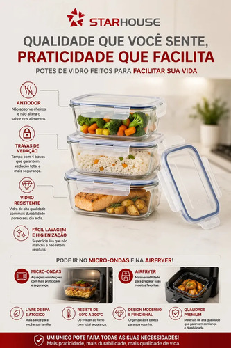 Kit 10 Potes Herméticos Vidro 640ml Starhouse Marmita Forno Micro-ondas Airfryer com 4 travas de super vedação 6