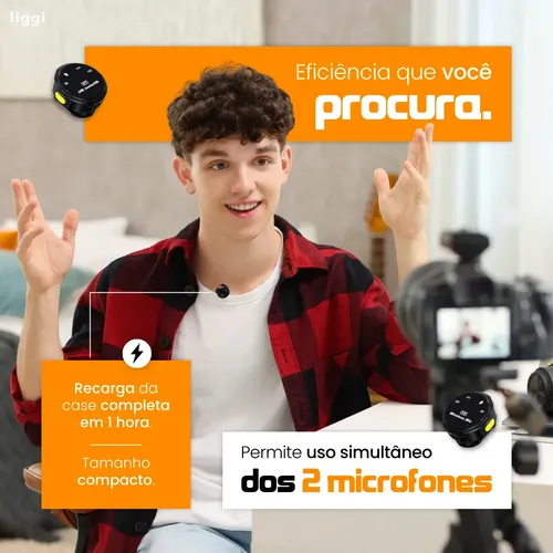 Microfone Lapela Redondo Imã Sem Fio Preto Duplo Anti Ruído Cor Preto - Lightning IPhone 8 ao 14 6