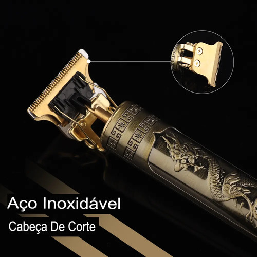 Máquina De Cortar Cabelo E Aparador De Barba Dr. Hank Dragão Dourado Lâmina T Profissional Sem Fio Recarregável Usb, 4 Pentes 1 Ao 4 Mm Motor Potente 3