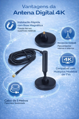 Antena Tv Digital Interna Externa Uhf Vhf Em Alumínio Com Base Magnética Cabo 5m Alta Definição Para Tv E Conversor Sinal Estável Instalação Fácil Sem Mensalidade Davely 4