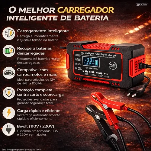 Carregador Inteligente De Bateria Automotiva 12v 6a Bivolt Recupera Baterias 4ah A 100ah Todos Veículos Moto Carro Caminhão Barco 2