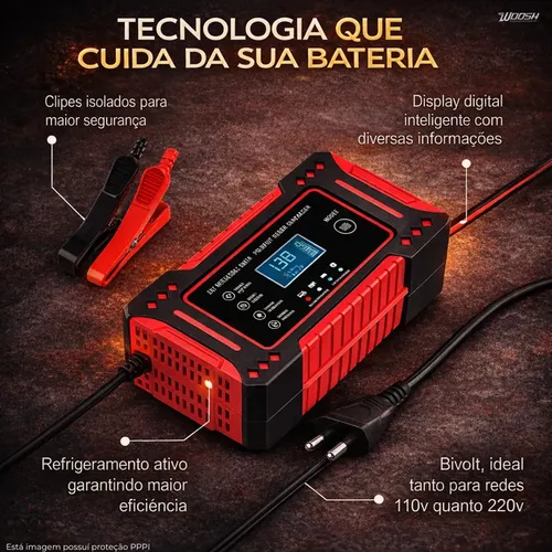 Carregador Inteligente De Bateria Automotiva 12v 6a Bivolt Recupera Baterias 4ah A 100ah Todos Veículos Moto Carro Caminhão Barco 4