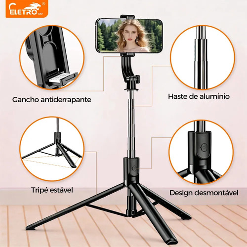 Bastão Tripé Pau Selfie Bluetooth 170cm, Controle, Tripé Bastão De Selfie Extensível, Eletro Mex 2